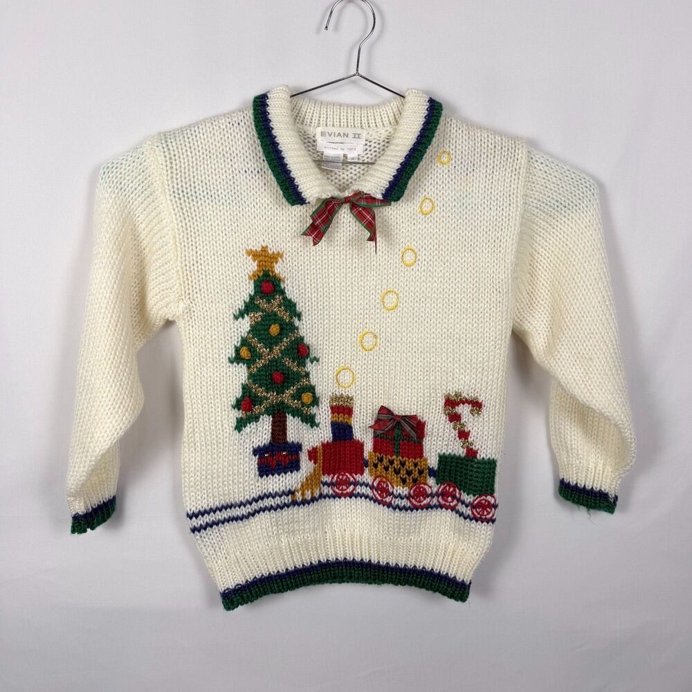 Evian II Christmas Tree Holiday Train Hand Knit Sweater Collared Bow Women M